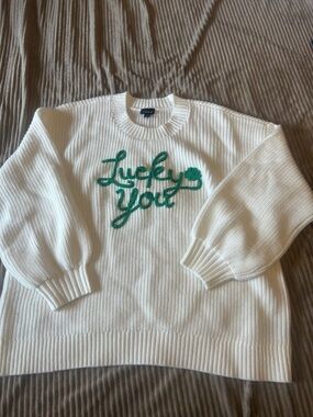 torrid White Crewneck Sweater with Green "Lucky You" Embroidery